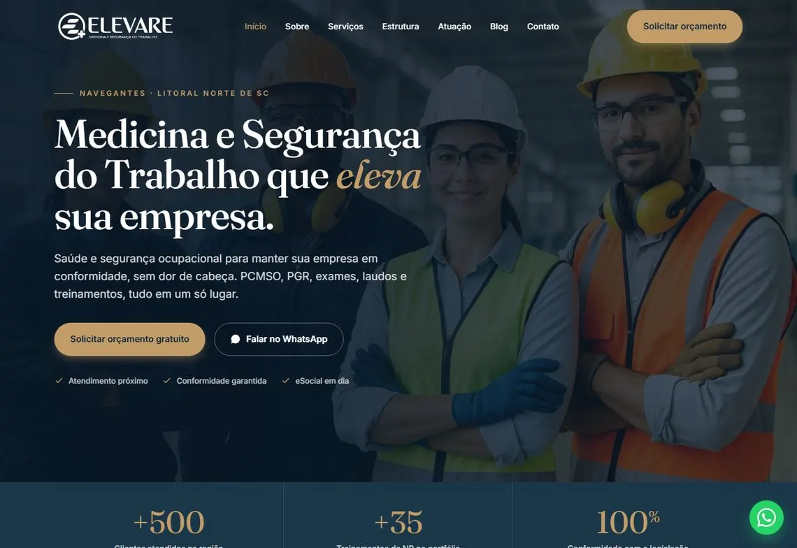 Site da Elevare Medicina e Segurança do Trabalho, feito pela Onfaz