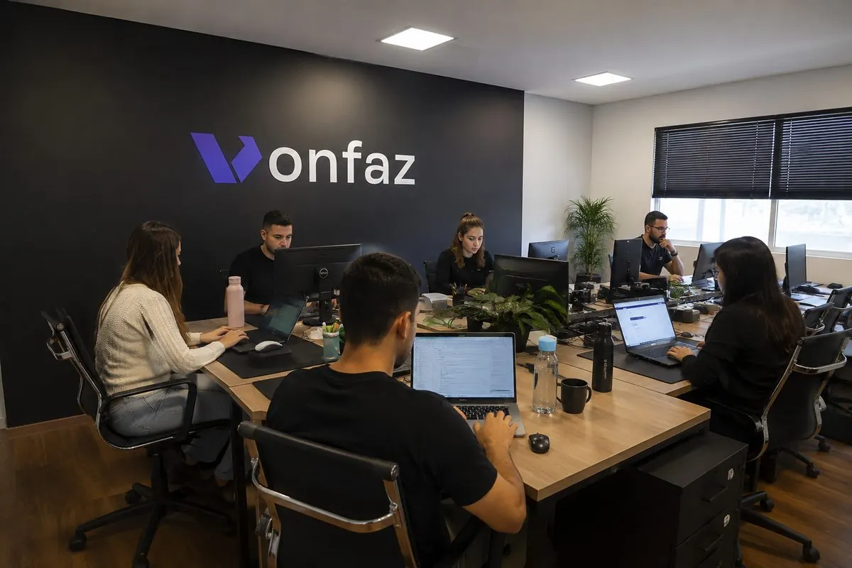 Equipe da Onfaz trabalhando no escritório em Navegantes, com a logo da empresa na parede